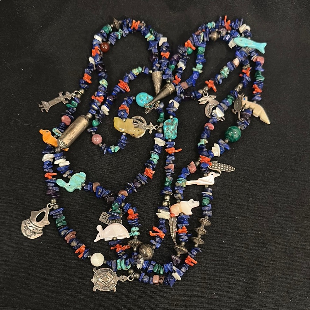 Native American Sterling Silver Zuni Fetish Necklace 3 Strands Vintage